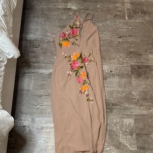 ASOS Beige One Shoulder Dress with Floral Embroidery